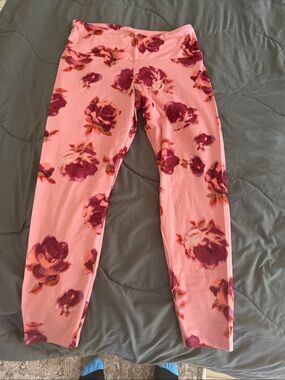 No Boundaries Pink Leggings with Purple Rose Floral Print